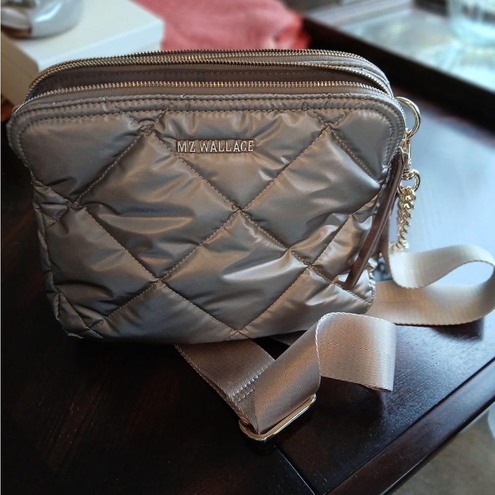 MZ Wallace Gray Quilted Crossbody Bag with Geometric Pattern